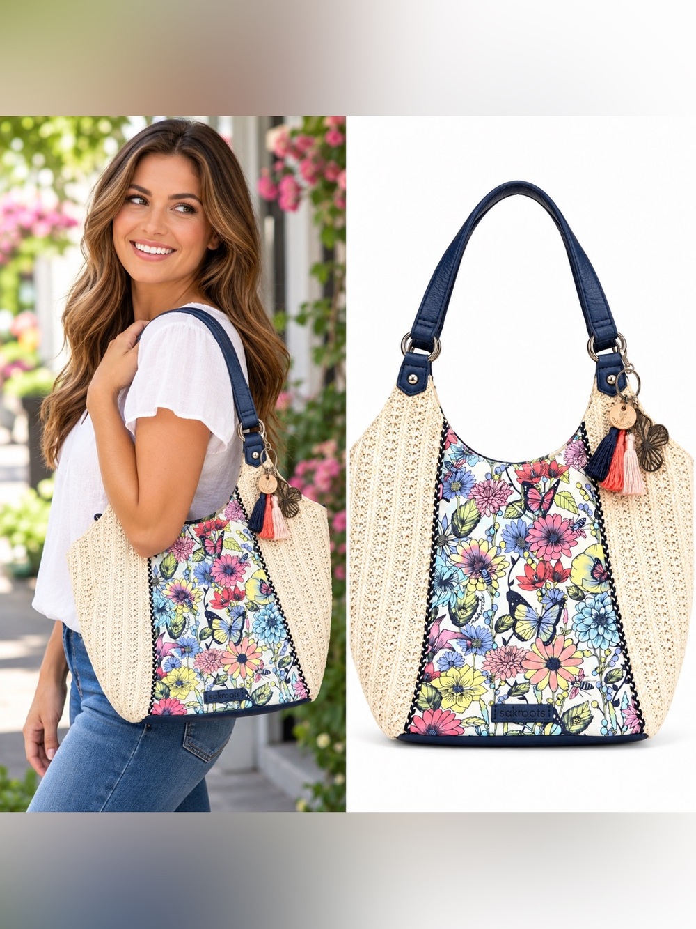 Sakroots Straw Purse with Floral and Butterfly Accents Boho Coastal Floral Chic